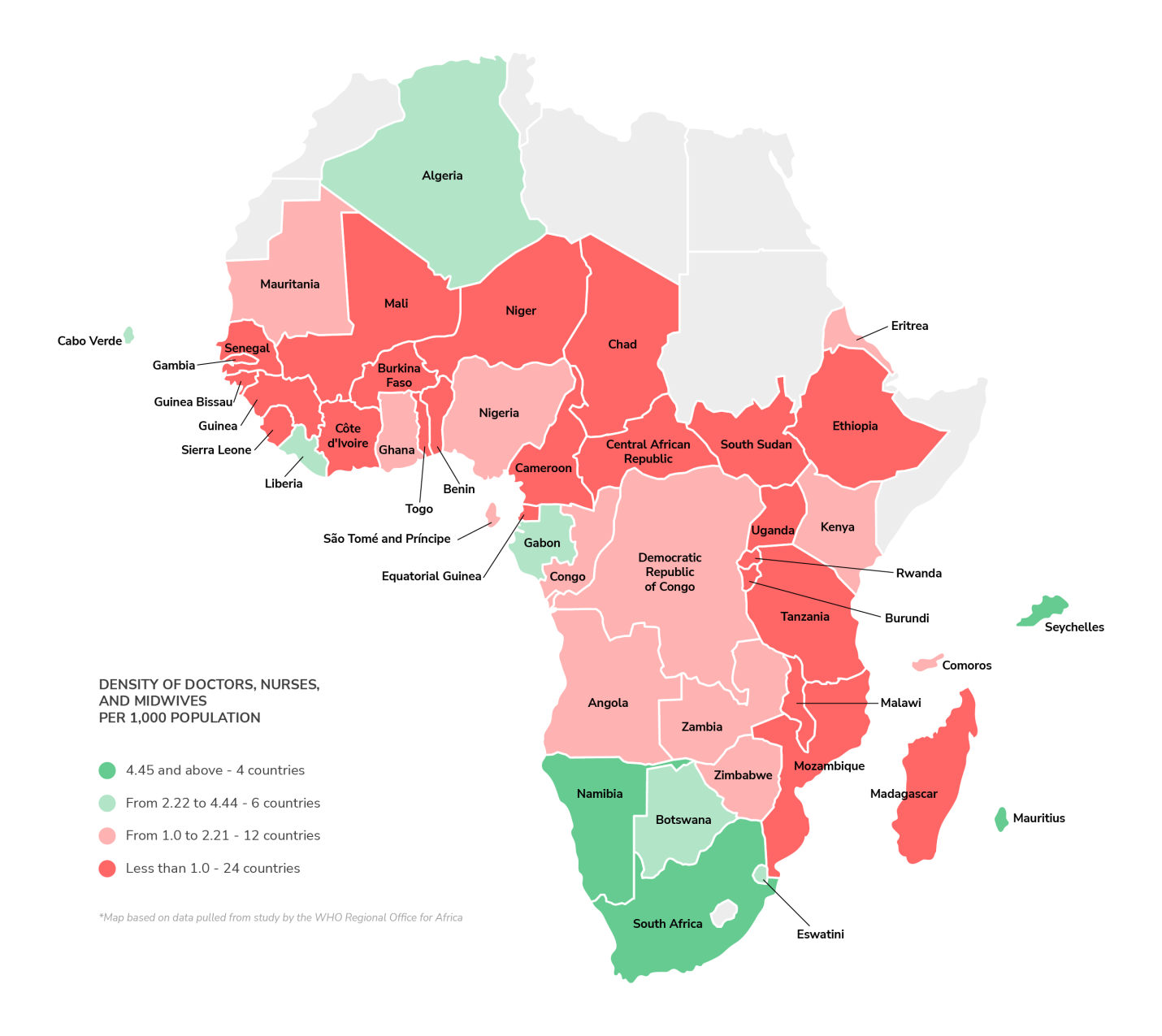 Map of Africa portraying medically underserved areas, with an extreme shortage of healthcare workers in Subsaharan and East-African countries.