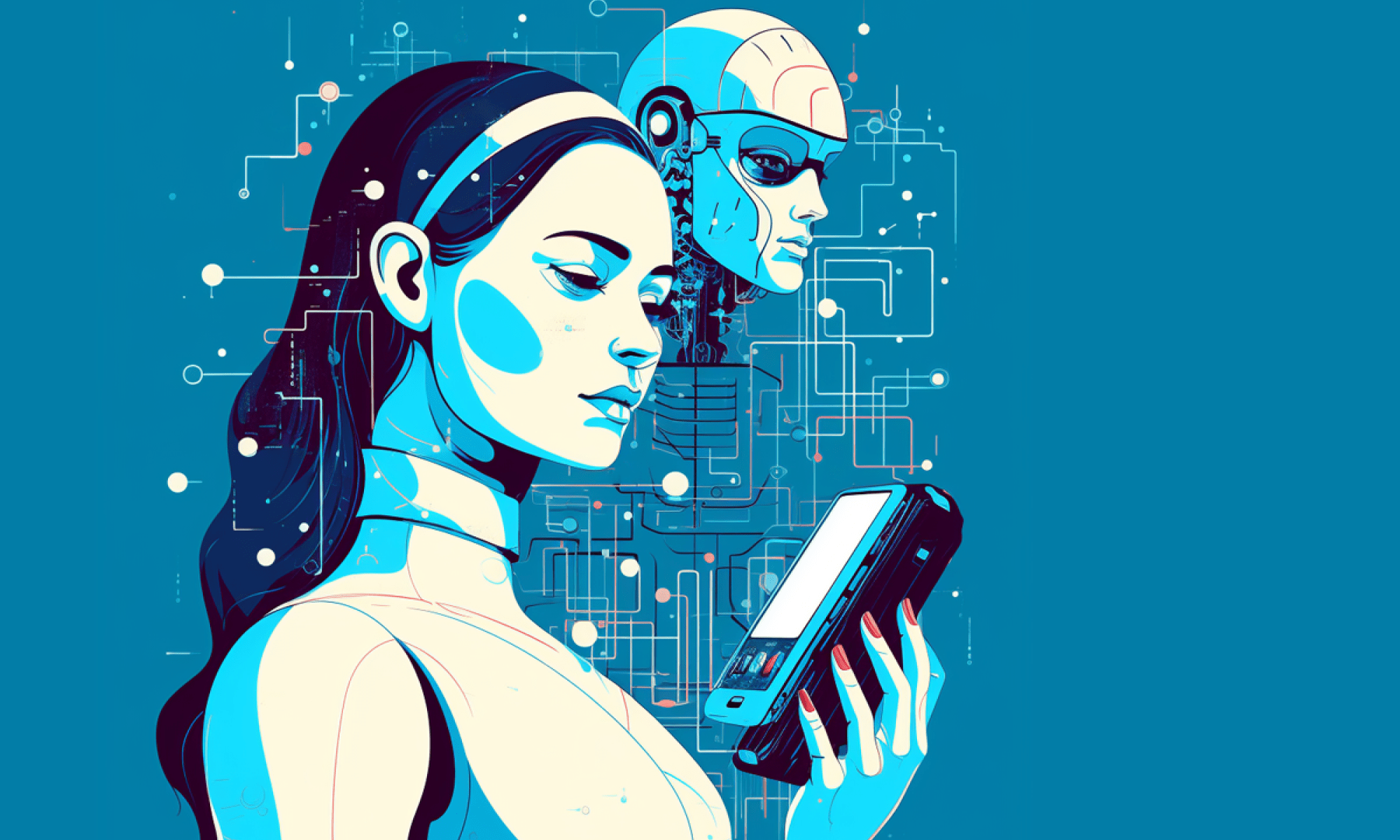 Girl using a chatbot to seek medical advice, while a robot in the background represents AI